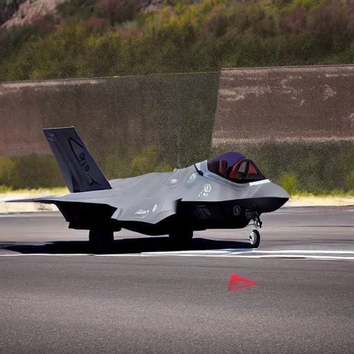 Image similar to an extremely detailed 4k photography of an F35 with gears up flying towards the camera, exiting a well-lit highway tunnel, cinematic lighting, long shot angle, centered composition, 1/400 f2.8 ISO400, 200mm lens