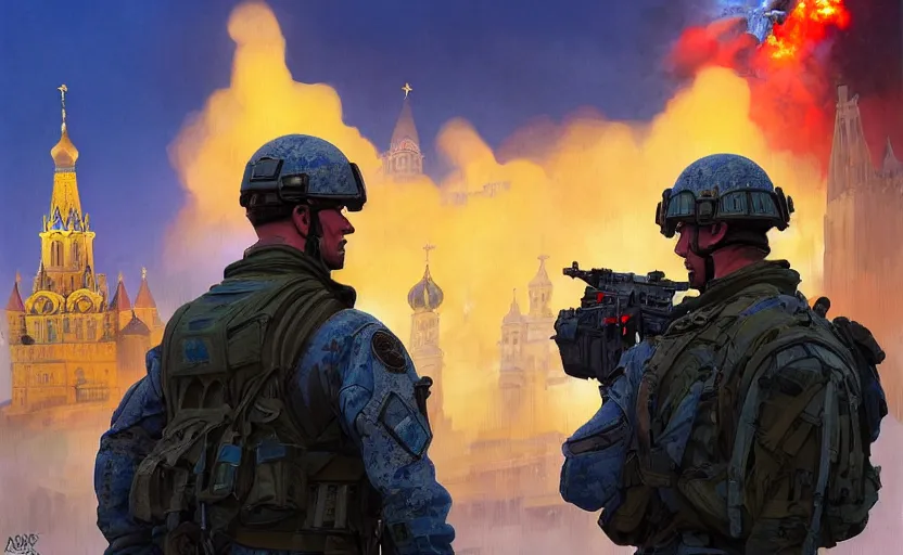 Image similar to special forces soldier with ukrainian blue and yellow shoulder patch watches red square kremlin burn in the background, d & d, fantasy, bright atmosphere, volumetric lights, intricate, elegant, extremely detailed, digital painting, artstation, concept art, matte, smooth, sharp focus, hyper realistic, illustration, art by artgerm and greg rutkowski and alphonse mucha