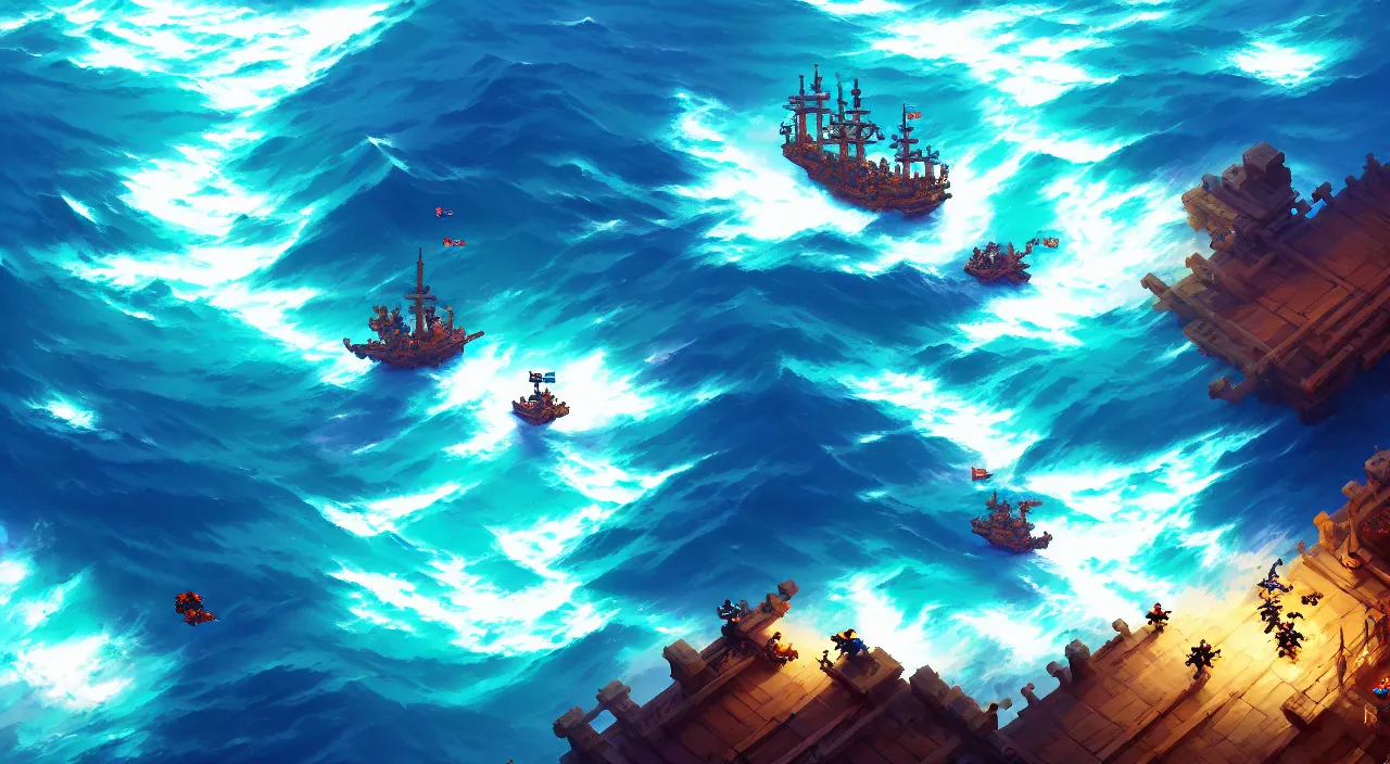 Image similar to Pixelart of a pirates battles in the ocean, volumetric lighting, digital pixel art, pixiv, official fanart behance hd by Jesper Ejsing, by RHADS, Makoto Shinkai and Lois van baarle, ilya kuvshinov, rossdraws global illumination