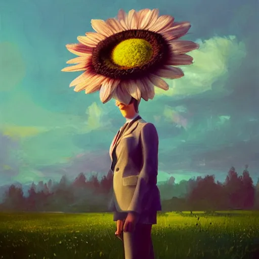 Image similar to giant daisy flower head, frontal, girl in a suit, surreal photography, sunrise, dramatic light, impressionist painting, digital painting, artstation, simon stalenhag