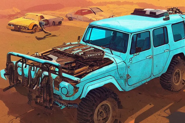 Image similar to digital illustration of a faded cyan mad max's fj 4 0 decrepit!!!! pursuit special, rusty!!! nissan fj cruiser heavily modded 1 9 9 0 s, the last v 8 interceptor by makoto shinkai, ilya kuvshinov, lois van baarle, rossdraws, basquiat