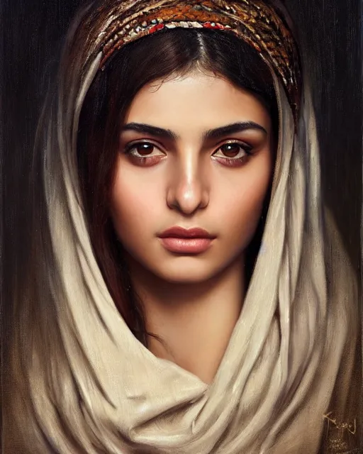 Prompt: a highly realistic, true to life portrait of a beautiful young middle eastern girl, sharp focus, from the waist up, with sharp features, a beautiful face, soft smile, under studio lighting, taken with a canon eos camera with 1 3 5 mm focal length, art by karol bak, james jean, tom bagshaw, trending on artstation,