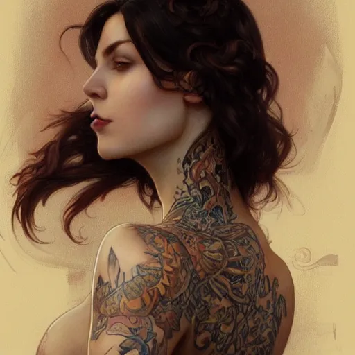 Image similar to ultra realistic illustration, a hot brunette tattooed slavic woman in her late 2 0's, intricate, elegant, highly detailed, digital painting, artstation, concept art, smooth, sharp focus, illustration, art by artgerm and greg rutkowski and alphonse mucha