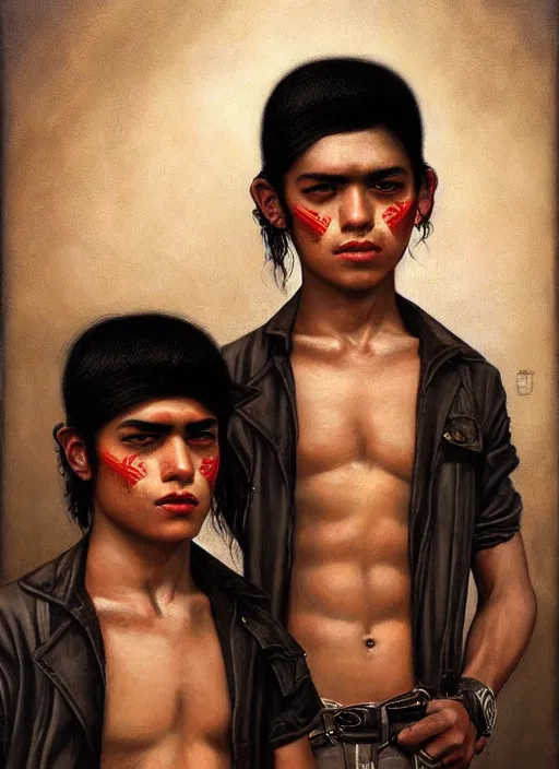 Image similar to portrait of macho young twin mexican buddies in guadalajara, by tom bagshaw and manuel sanjulian