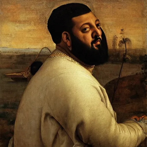 Image similar to renaissance portrait of DJ Khaled on a jetski in a river, masterpiece by Eugene de Blaas