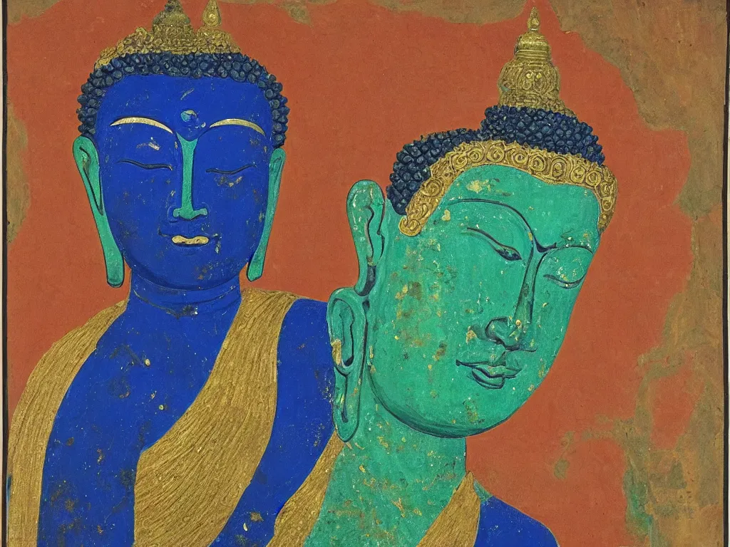 Image similar to portrait of the buddha with a bull. lapis lazuli, malachite, cinnabar, gold. minoan painting