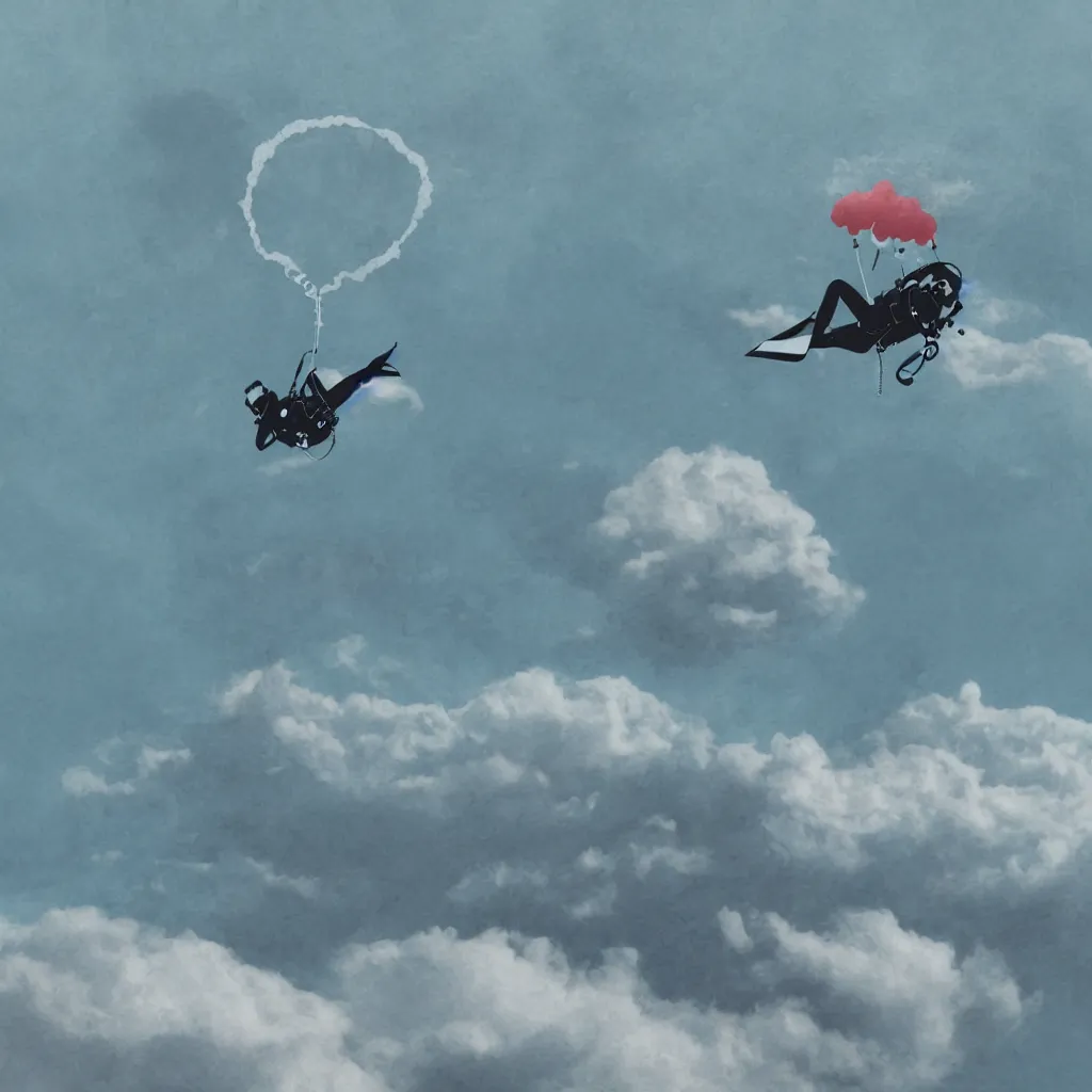 Image similar to a scubadiver floating above the clouds, digital illustration