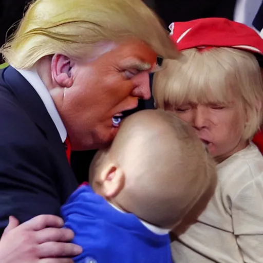 Image similar to Donald Trump crying behind a small child, realistic, photograph