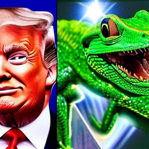 Prompt: president trump is a smiling laughing bright green lizard person, airbrush painting, epic scale, lens flare, glittering popsicle, hyper detailed, 8 k.