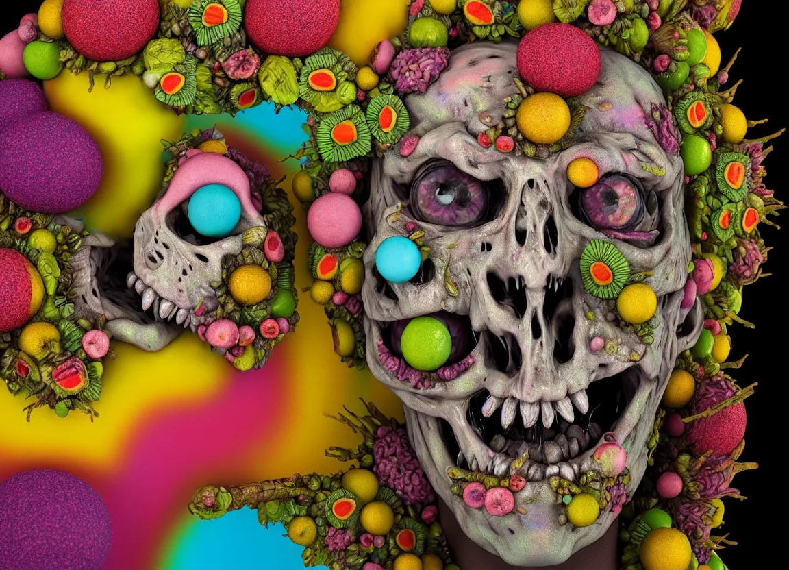 Prompt: headshot of a trickster nature zombie, head made of fruit and flowers in the style of arcimboldo, covered with iridescent bubbles, made by greg rutkowski, digital illustration, dynamic lighting, action figure, clay sculpture, claymation, turquoise pink and yellow, rainbow stripe backdrop