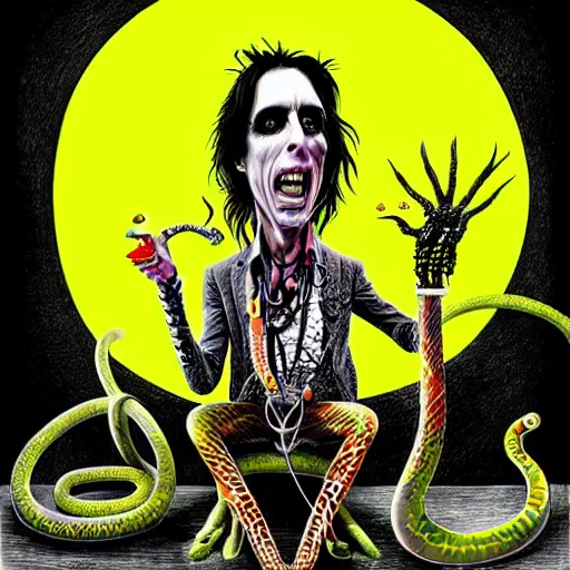 Image similar to graphic illustration, creative design, alice cooper as a snake, biopunk, francis bacon, highly detailed, hunter s thompson, concept art