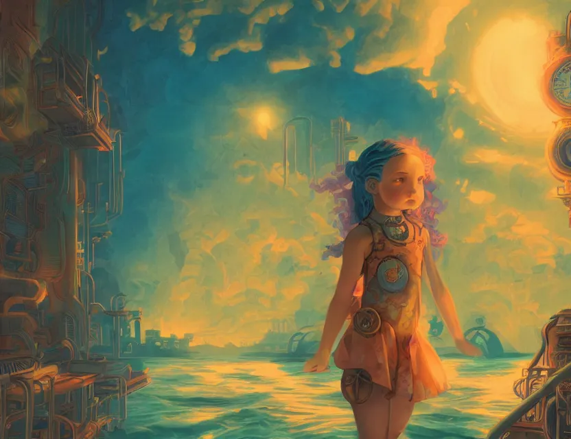 Image similar to little girl in steampunk vaporwave atlantis. complementary colors, gouache, indie concept art, bloom, chiaroscuro, backlighting, intricate details.