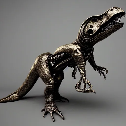 Prompt: an alien taking form of a metallic t-rex, sci-fi art, stunning, gorgeous, epic, much detailed, much wow, masterpiece