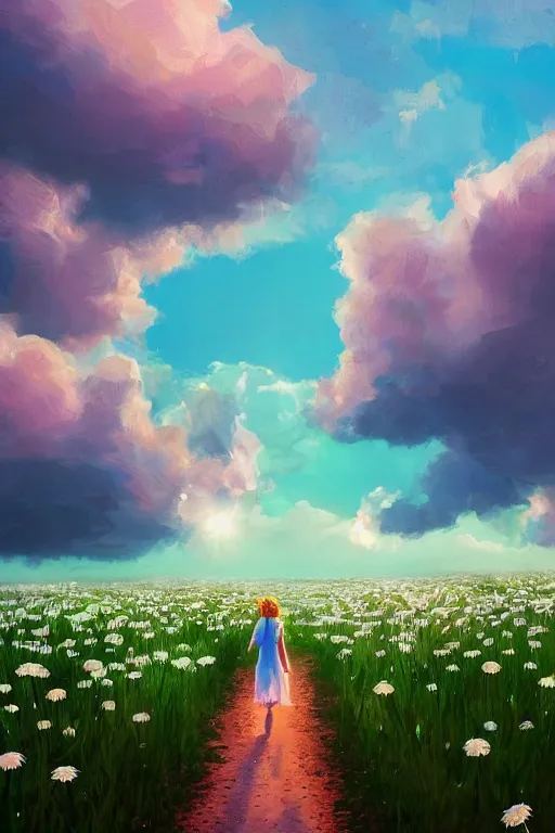 Image similar to giant white daisy flower crown as head veil, girl walking in a flower field, surreal photography, sunrise, dramatic light, impressionist painting, colorful clouds, digital painting, artstation, simon stalenhag