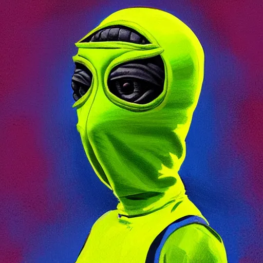 Image similar to a tennis ball monster with a tennis racquet, bust shot, balaclava, face covered, smooth, intricate, elegant, power aura, digital painting, artstation, concept art, sharp focus, illustration, art by basil gogos - h 6 4 0