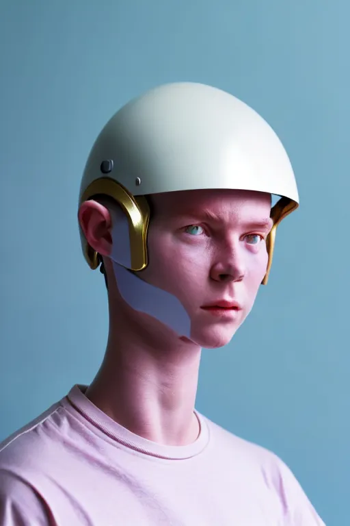 Image similar to a high definition film photograph of a normal androgynous robot human wearing a plain white t - shirt, in a pastel pink room. happy. metal visor covering eyes. metallic shiny gold coloured helmet. crushed shadows.