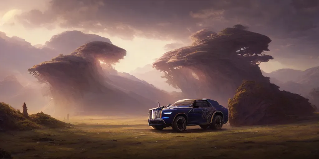 Prompt: a concept suv designed by rolls royce driving through madagascar, artgerm and greg rutkowski and alphonse mucha, an epic fantasy, volumetric light, detailed, establishing shot, an epic fantasy, trending on art station, octane render, midsommar