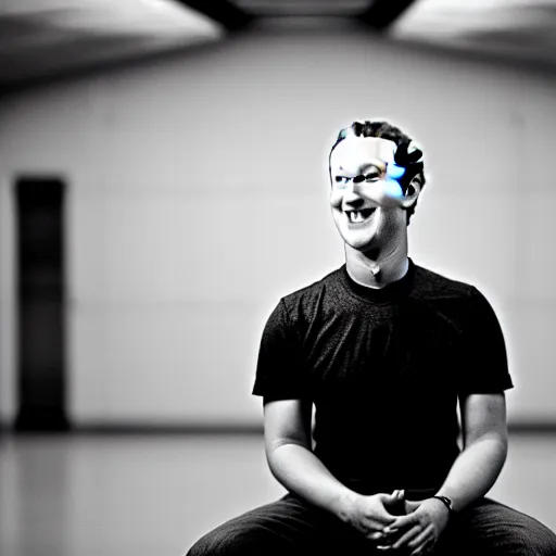 Image similar to mark zuckerberg with lizard eyes, smiling, sitting in underground military base, photo, 3 5 mm