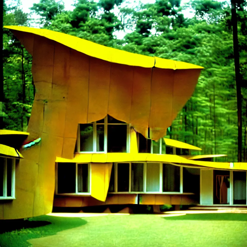 Prompt: a mid-century modern house with big tiles, from afar, in a forest, designed by Frank Gehry. Film grain, cinematic, yellow hue