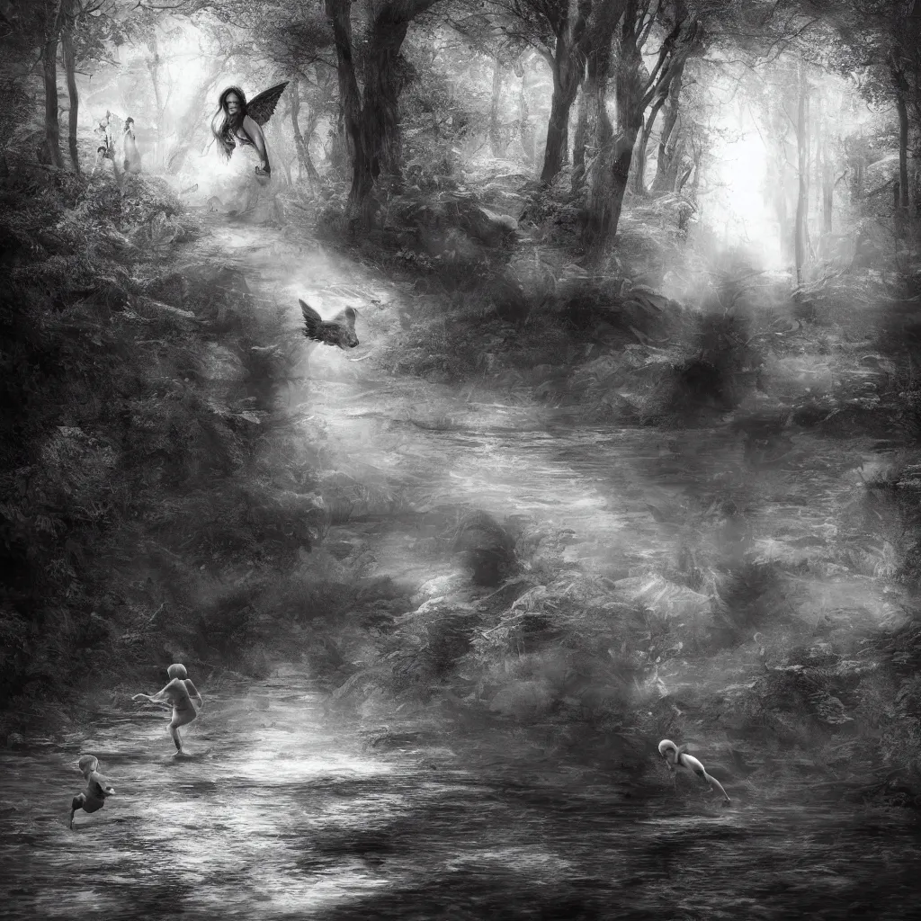 Image similar to an angel chasing a child through a creek in the woods, bad dream, hazy memory, volumetric, hyper realistic, octane render, dark black and white in the style of alvin schwartz, epic angles