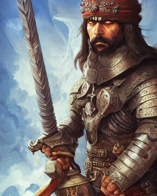 Image similar to digital painting of a warrior hernan cortes by filipe pagliuso and justin gerard, symmetric, fantasy, detailed, intricate, portrait, sharp focus, tarot card, studio ghibli color scheme, handsome, concept art