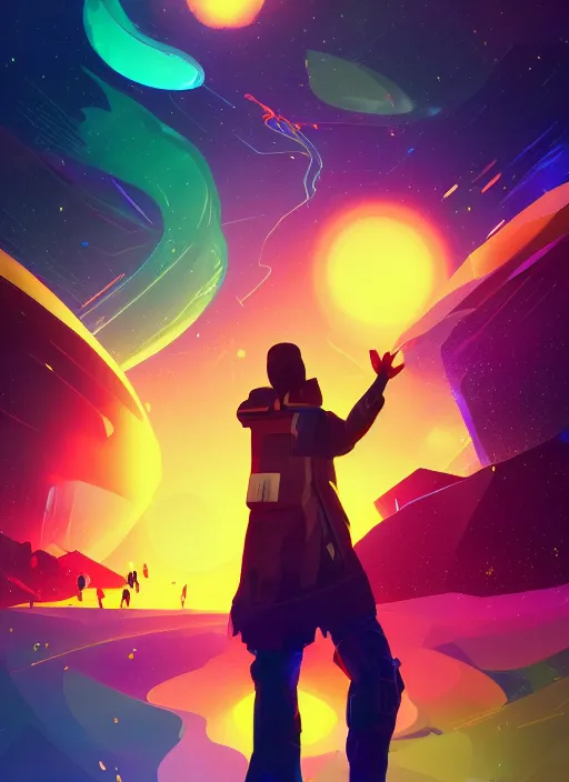 Image similar to Man djing in front of the universe, digital art, dynamic lighting, hyper detailed, artstation, golden ratio, by Anton Fadeev and greg rutkowski, 4K