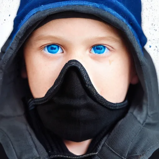 Image similar to a detailed portrait of a boy wearing a black ski mask, blue eyes, art illustration, incredibly highly detailed and realistic, 8 k, sharp focus