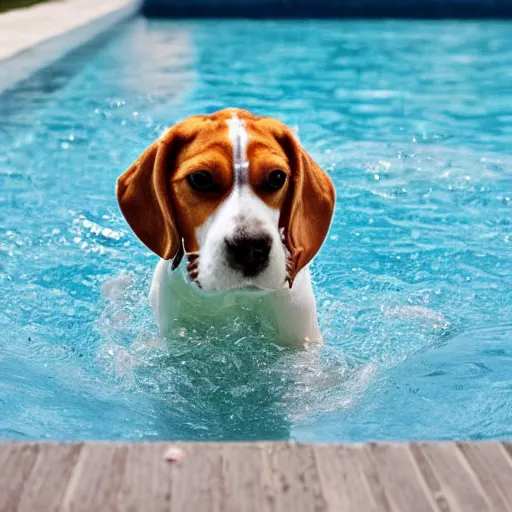 Image similar to beagle dog with red collar swimming in a pool in a house in premia del mar