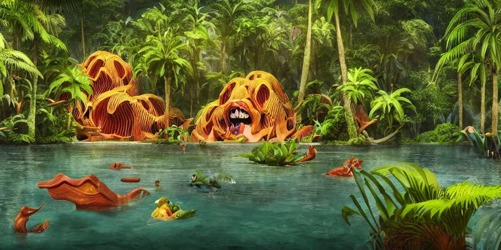 Image similar to of a tropical rainforest lake with strange cute friendly happy creatures with huge eyes, mouth, long tongue, round teeth and goofy face, appearing from the water, in the style of gehry and gaudi, macro lens, shallow depth of field, ultra detailed, digital painting, trending artstation, concept art, illustration, cinematic lighting, photorealism, epic, octane render