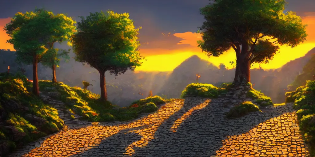 Prompt: a lonely cobblestone street with a tree on a cliff over the sea at sunset, brightly illuminated by rays of sun, artstation, colorful pixel art, low camera angle