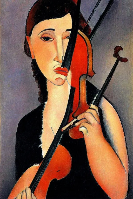 Prompt: woman portait playing violin by modigliani, intricate, highly detailed, hyper realistic, soft shadow