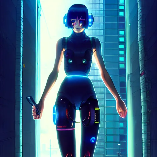 Image similar to cyberpunk anime art, refractions on lens, rowan atkinson as a beautiful cyborg girl in the style of arcane, full round face, biomechanical details, full body shot, rain, wet street, window reflections, lens flare, wlop, ilya kuvshinov, artgerm, krenz cushart, greg rutkowski