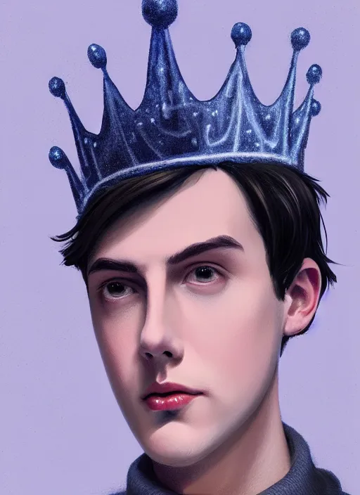 Image similar to portrait of teenage jughead jones wearing a light grey crown, crown, blue turtleneck, 1 9 5 0 s, closed eyes, photorealistic, black hair, glowing lighting, intricate, elegant, glowing lights, highly detailed, digital painting, artstation, concept art, smooth, sharp focus, illustration, art by wlop, mars ravelo and greg rutkowski