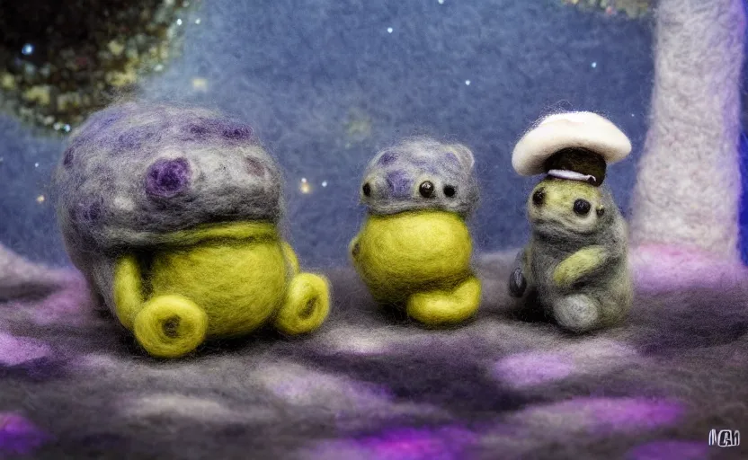 Prompt: tardigrade mini cafe tardigrade diorama with tardigrades macro photography, needle felted tardigrades, ambient, atmospheric photograph, string lights, romantic tardigrades