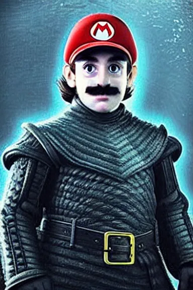 Image similar to “ very very intricate photorealistic photo of a realistic human version of super mario in an episode of game of thrones, photo is in focus with detailed atmospheric lighting, award - winning details ”