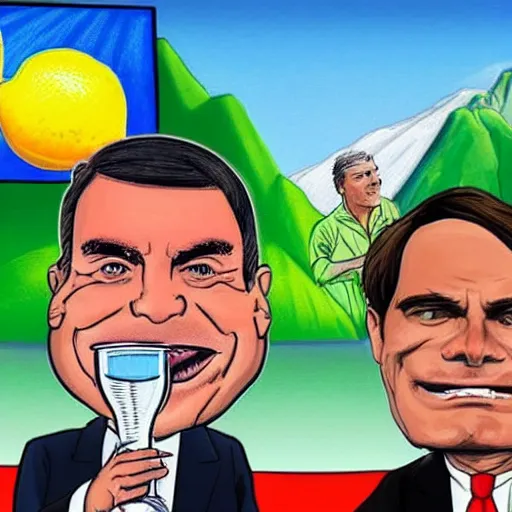 Image similar to cartoon drawing of Bolsonaro and Lula together drinking a lemon drink with Rio de Janeiro mountains on the background