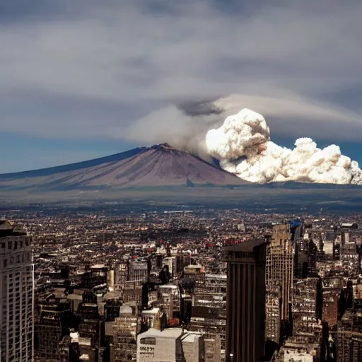 Image similar to volcano erupting in the middle of manhattan,