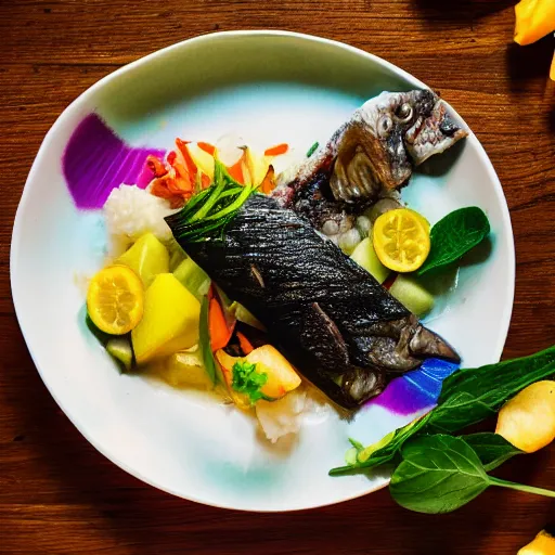 Prompt: Steamed sea bass with fruits of the rainbow with subtle tempura herbs over brown rice, photo shot on f-stops