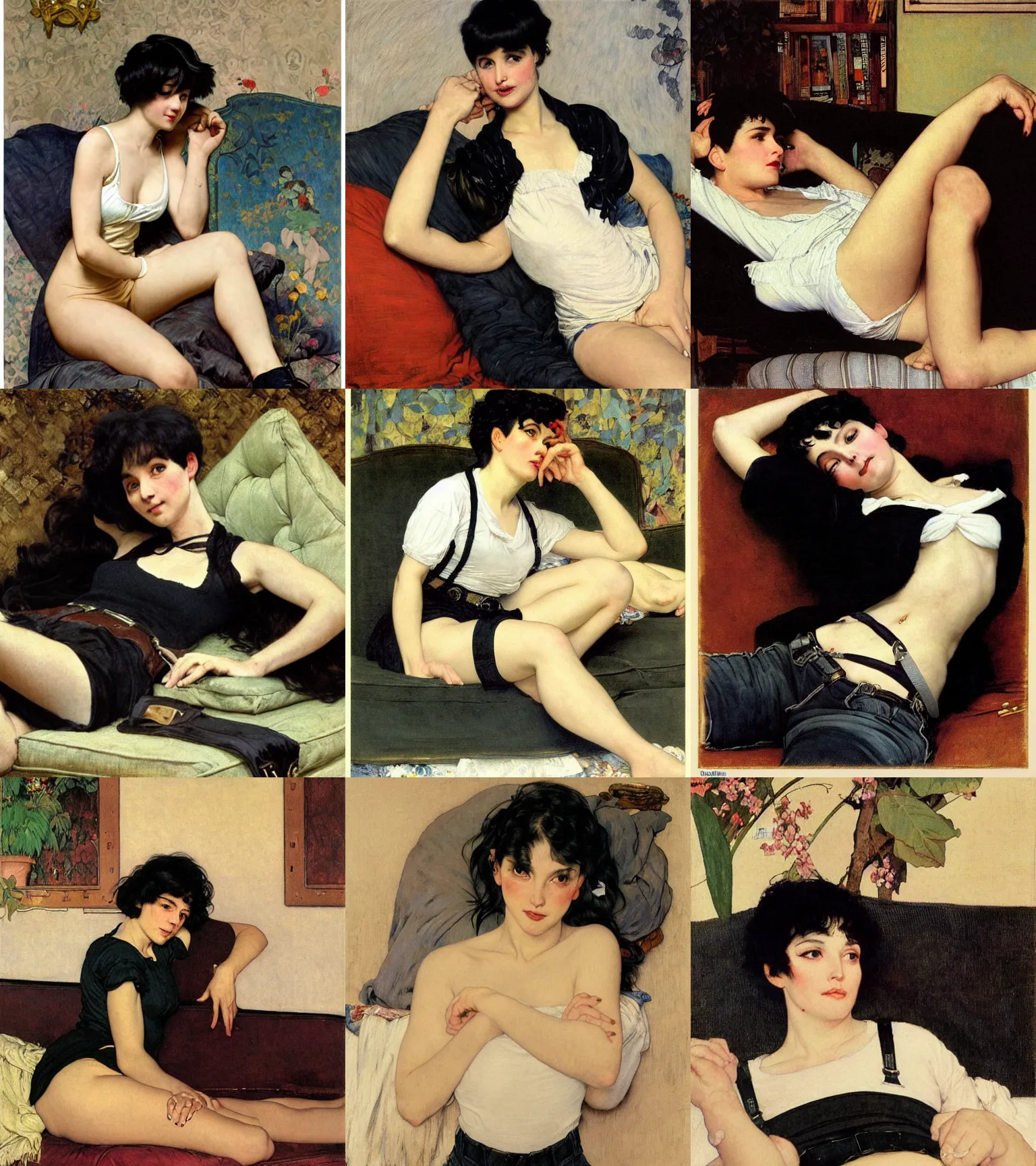 Prompt: a woman with black hair and long pixie haircut in shorts lying on couch with suspenders and white t-shirt drawn by Alexandre Cabanel, norman rockwell, frank frazetta, alphonso azpiri, maler collier, peter paul rubens, alphonse mucha, gustav klimt 4k, unreal 5, DAZ, french noveau, trending on artstation, octane render, hyperrealistic