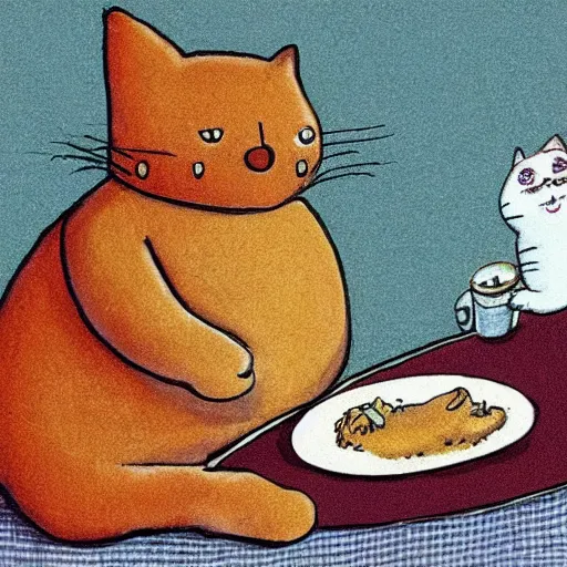 Prompt: fat orange cat on a table with lasagna by maurice sendak