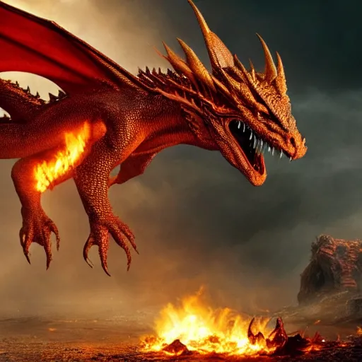 Prompt: Smaug a dragon that spews fire from it's mouth standing on it's feet spreading it's wings, epic, realitic, cinematic, 4k