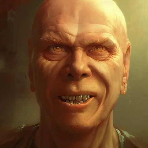 Image similar to portrait of a red bald man with black eyes and a black smile, horror, glowing eyes, by Stanley Artgerm Lau , greg rutkowski, thomas kindkade, alphonse mucha, loish, norman rockwell. Trending on artstation detailed illustration hd 4k