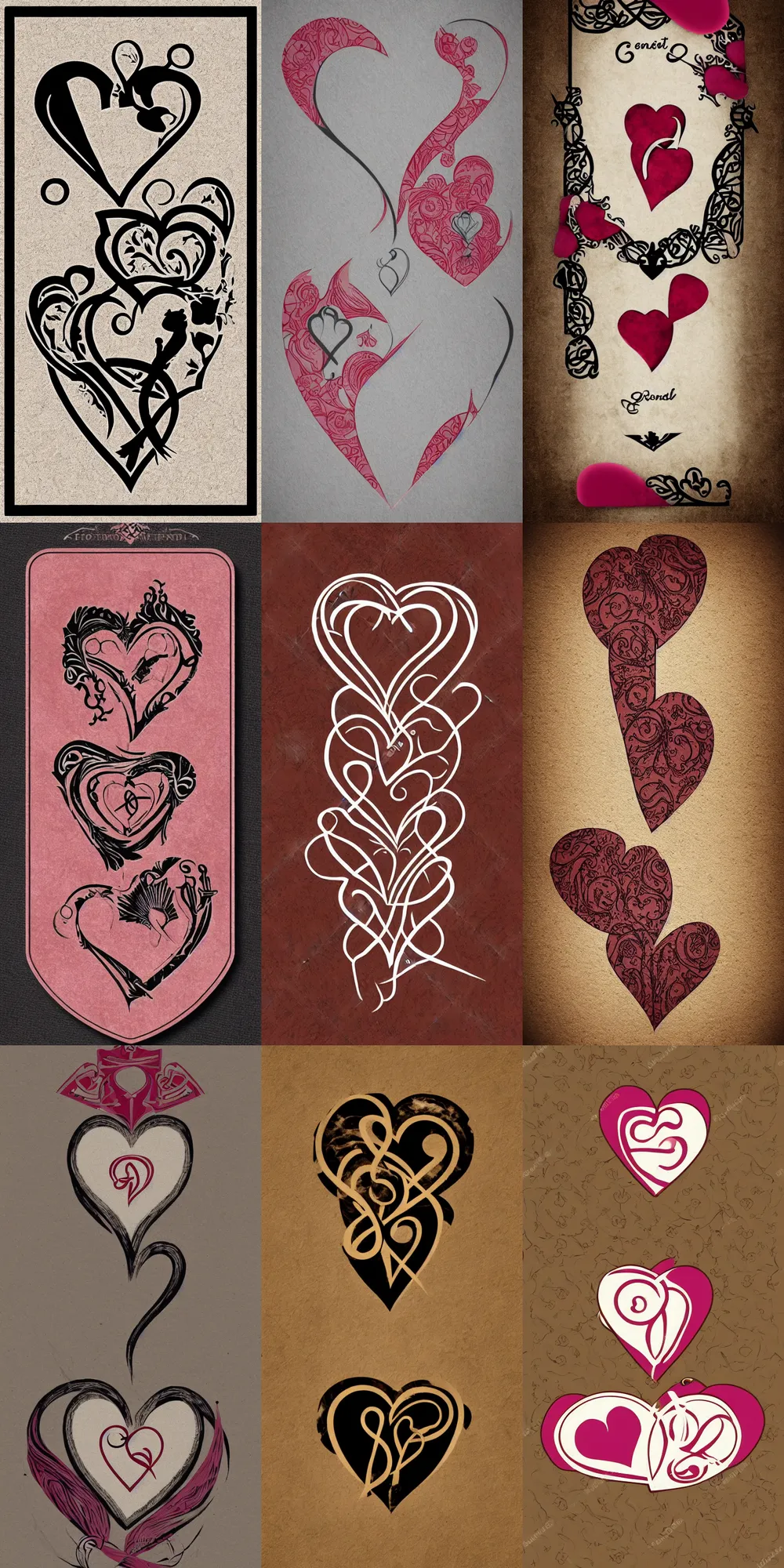 Image similar to gentle femdom, gfd logo, card back template, entwined hearts and spades, stylized