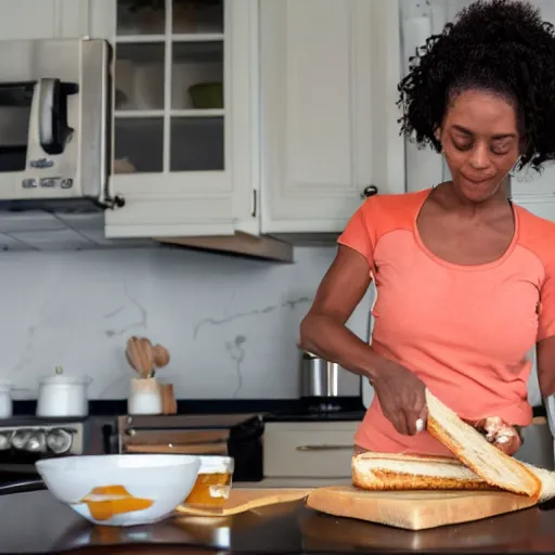 Image similar to A photo of emmymade, in her kitchen, making a honey sandwich, photorealistic, 8k quality