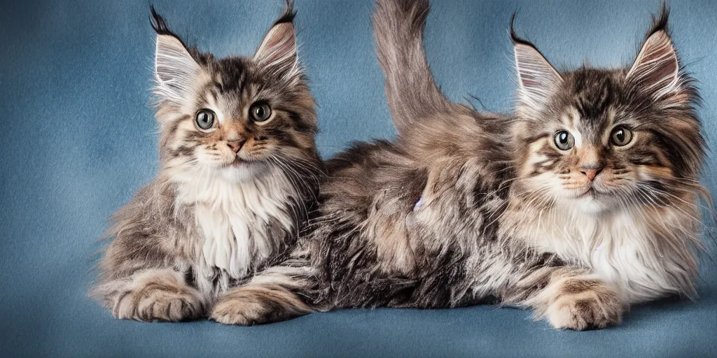 Image similar to shower curtain product catalog. on the curtain is a watercolor with ink under drawing of one maine coon kitten with a toy. wide - angle product photography, product lighting. 4 k, highly detailed. saturated.