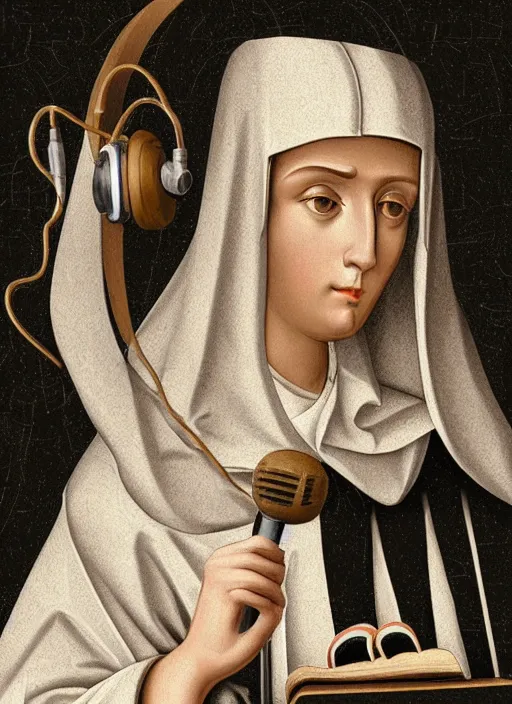 Image similar to digital art of saint catherine of siena recording a podcast wearing headphones 8k UHD detailed, vector art