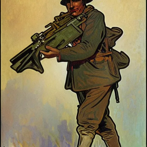 Image similar to ww 1 soldier, painted by alphonse mucha