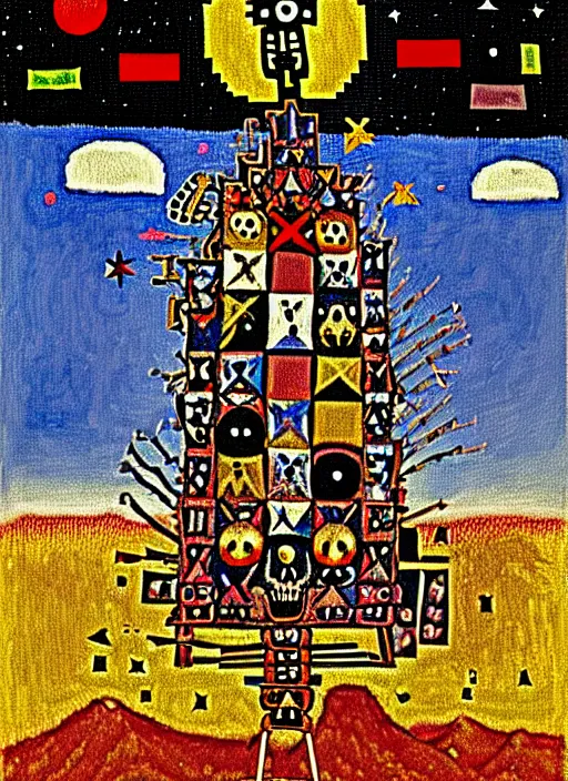 Image similar to pixel decollage painting tarot lovers card composition tower of babel road red armor maggot bear and wonky alien frog skeleton knight on a horse in a dark red cloudy night sky with golden foil jewish stars and diamonds, mountain lake and blossoming field in background, painted by Mark Rothko, Helen Frankenthaler, Danny Fox and Hilma af Klint, pixelated, neo expressionism, semi naive, pastel colors, cinematic, color field painting, cave painting, voxel, pop art look, outsider art, minimalistic. Bill Traylor painting, part by Philip Guston, Amano and Francis Bacon. art by Adrian Ghenie and Storm Thorgerson, very coherent symmetrical artwork, cinematic, hyper realism, high detail, octane render, unreal engine, Smooth gradients, depth of field, full body character drawing, extremely detailed, 8k, extreme detail, intricate detail, masterpiece