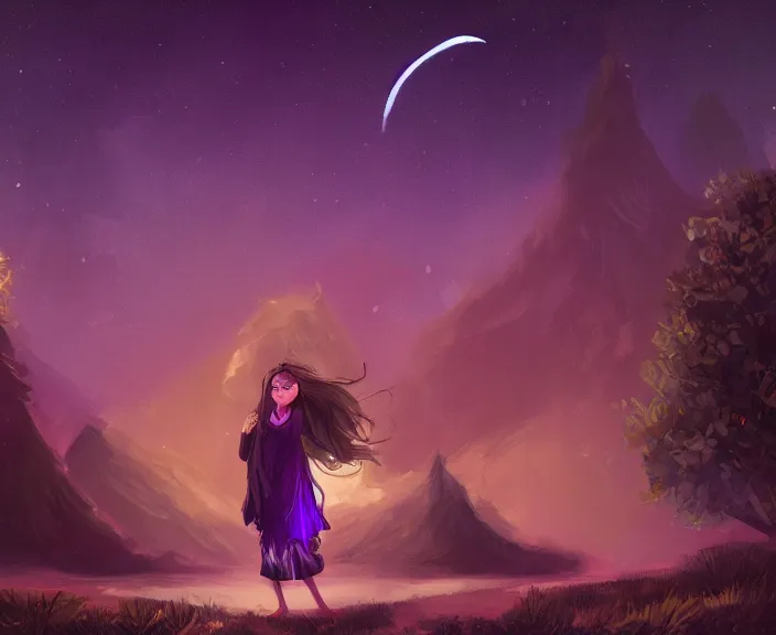 Image similar to an illustration of a mystical spiritual scene with a young woman in it, with starry dusted light, purple - tinted, wide - angle, high contrast, highly detailed, sharp focus, digital painting, illustration, trending on artstation,