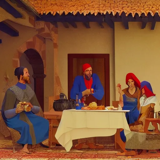 Prompt: ' a medieval turkish nobleman takes breakfast at his coastal manor with his family '. gouache matte painting by angus mcbride, 8 k, digital matte painting with high fidelity textures and figures.